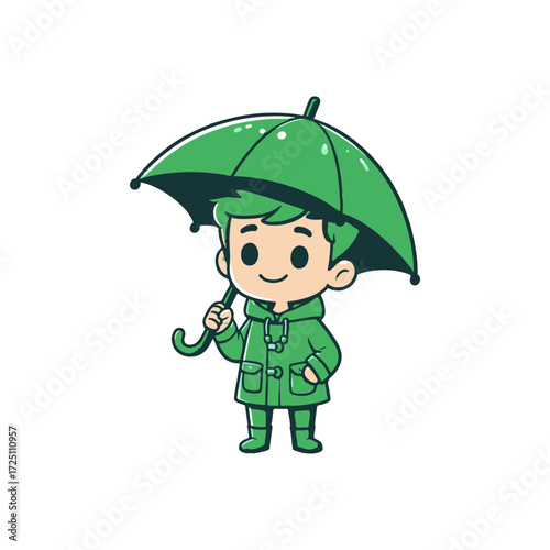Cartoon character in a green raincoat holding a green umbrella against a white background