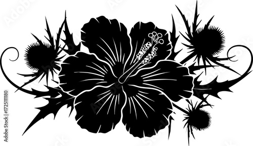 Obraz na plátně Elegant black silhouette of a vibrant hibiscus flower entwined with spiky thistles and decorative swirls, offering a striking botanical design element