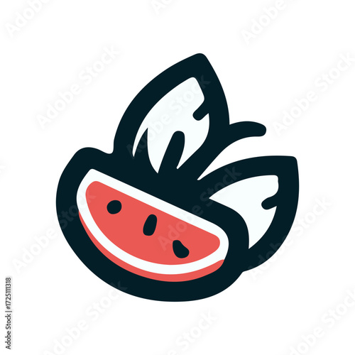Colorful illustration of a watermelon slice with leaves, representing freshness and summer