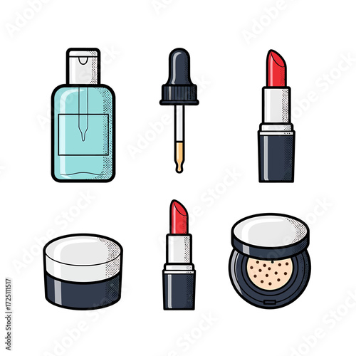 Colorful vector illustration set of essential makeup and skincare cosmetic products isolated