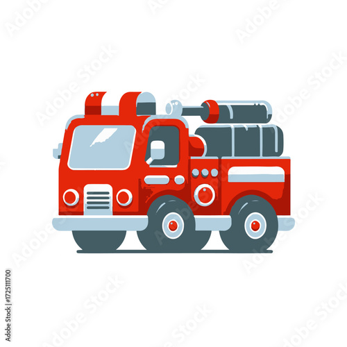 Cartoon-style red fire truck with water hoses parked on a clean white background