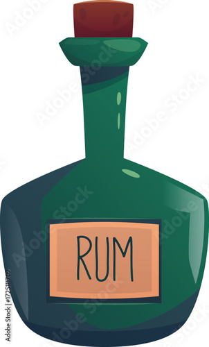 Rum bottle with label flat vector icon, vintage green glass jar with cork, pirate drink, alcohol beverage isolated
