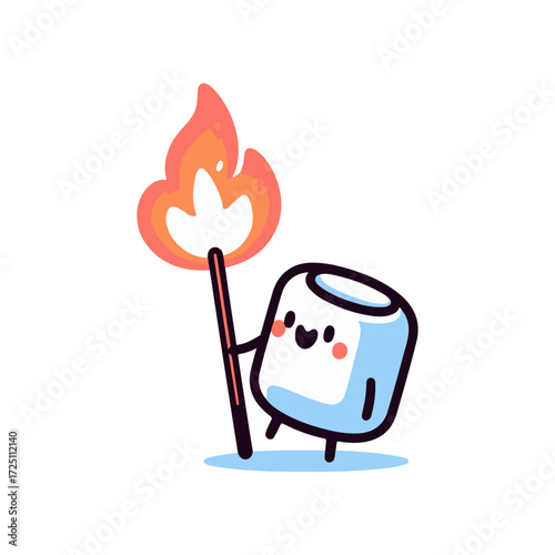 Cheerful cartoon marshmallow character holding a flaming torch, set against a simple background