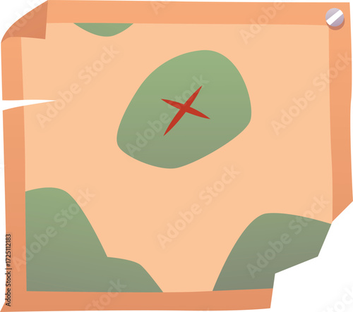 Ancient game map parchment with the cross marked destination, vector papyrus vintage texture and ripped edges