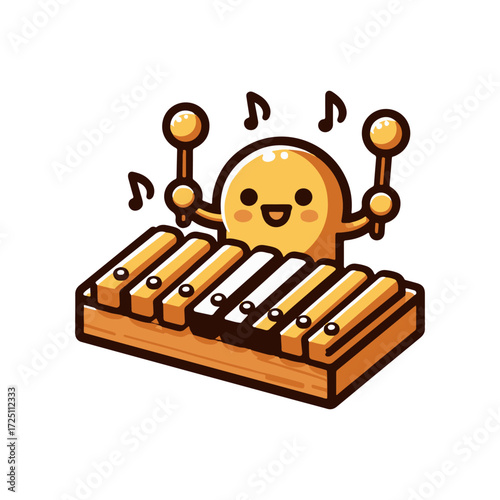 Cheerful character playing a xylophone, surrounded by musical notes in a playful setting