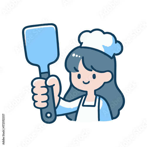 Cheerful chef character holding a spatula, ready to cook in a bright kitchen setting