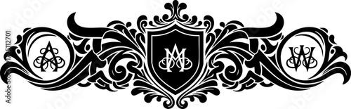 Elegant black ornate crest design featuring intricate monograms and swirling decorative elements, perfect for branding and luxury applications