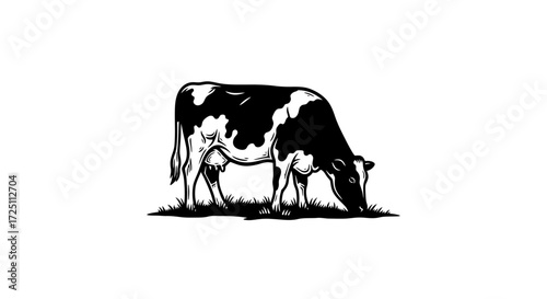 Monochrome vector illustration of a dairy cow grazing peacefully on a patch of grass