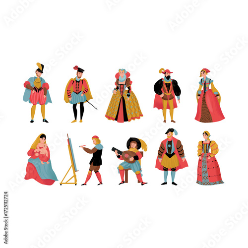 Vibrant illustrated set of historical figures from the Renaissance and Tudor court