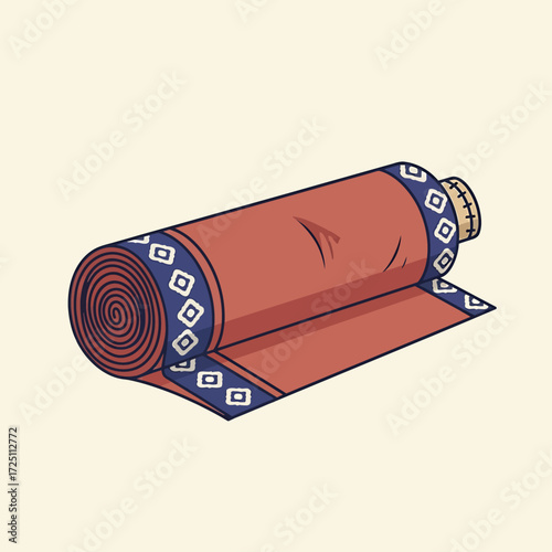 Rolled fabric with geometric trim, a textile roll with a decorative blue and white pattern.