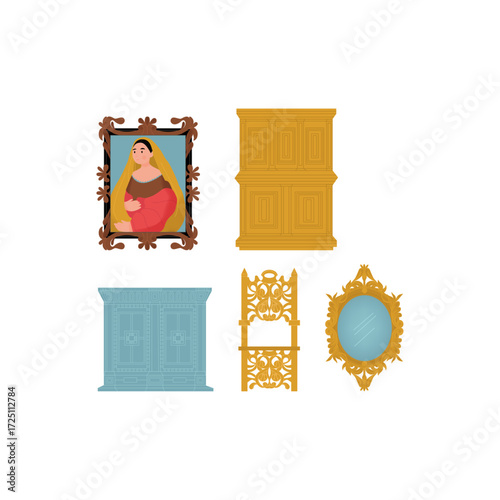 Antique furniture illustration set with a classic portrait for vintage decor concept