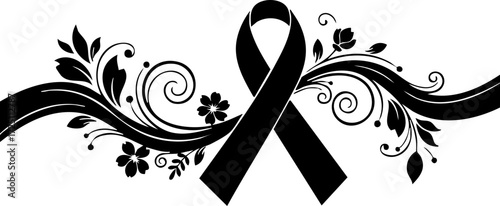 Foto Elegant black ribbon with floral flourish symbolizes remembrance and solemn occasions, conveying respect and deep emotion