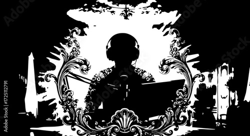 Fotografía Dynamic DJ silhouette with headphones and microphone in ornate frame, ready to electrify any event with powerful beats and vibrant energy