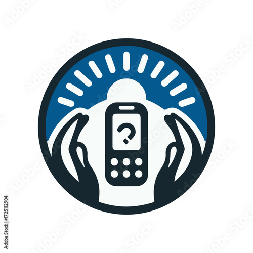 Hands cradling a mobile phone with a question mark against a sunrise backdrop in nature