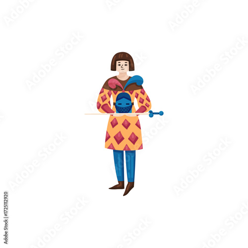 Medieval Woman Warrior Holding Sword and Helmet Illustration