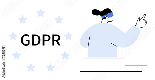 Female figure gesturing, surrounded by European-style stars, with bold GDPR text. Ideal for privacy policy, data security, EU regulation, online safety, governance, legal compliance digital ethics