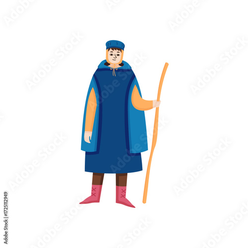An isolated illustration of a medieval character in a blue cloak holding a staff