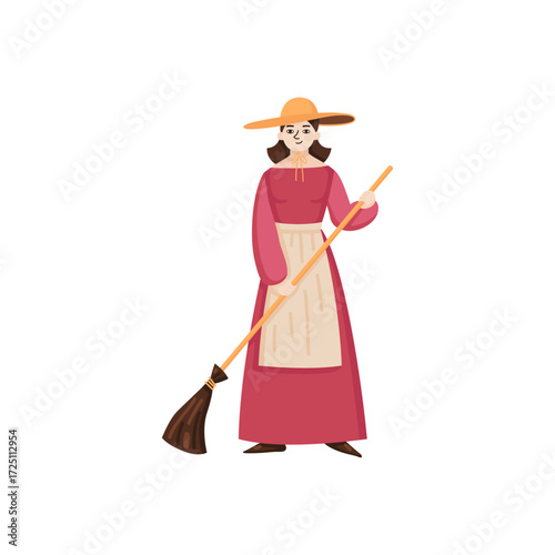 Historical illustration of a young peasant housemaid in traditional dress with a sweeping broom