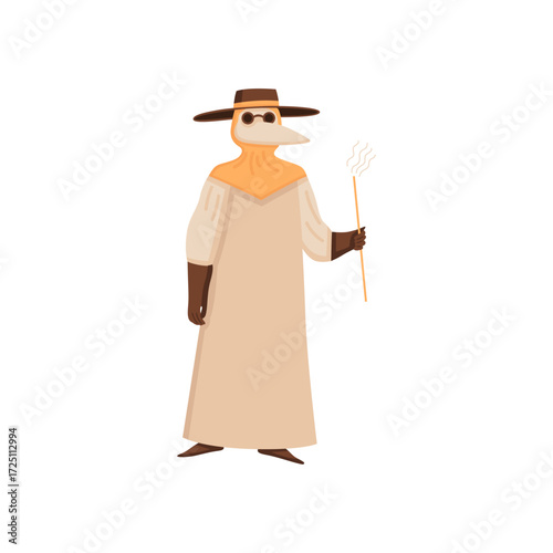 Vector illustration of a medieval plague doctor in traditional attire and beak mask
