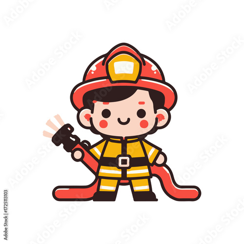 Cheerful young firefighter holding a hose, ready for action in a bright, playful style