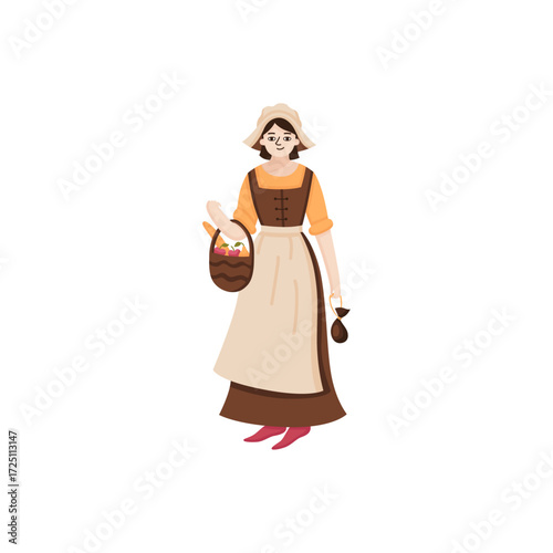 Medieval peasant woman in traditional historical clothing holding a harvest basket