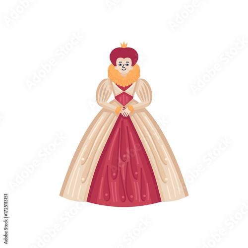 Elegant Historical Queen Character in Regal Gown with Majestic Crown and Luxurious Collar
