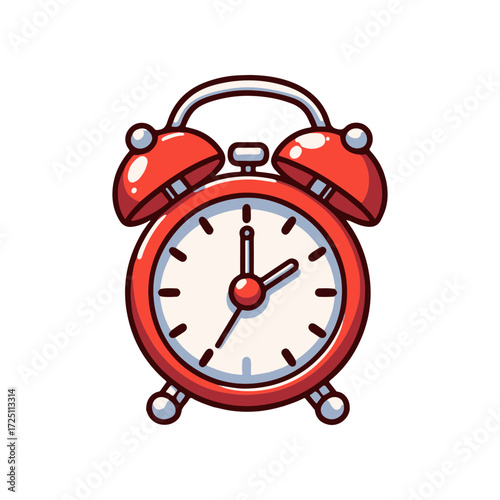 Classic red alarm clock with a white face and black numerals, symbolizing time management and urgency
