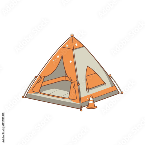Colorful camping tent set up in a serene outdoor environment with a traffic cone nearby