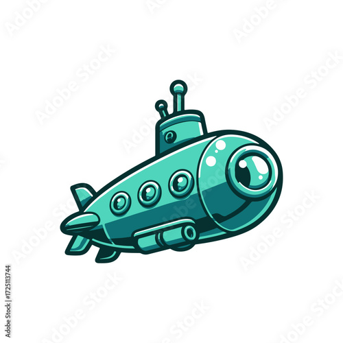 Colorful cartoon submarine exploring the ocean depths with bubbles and marine life in background