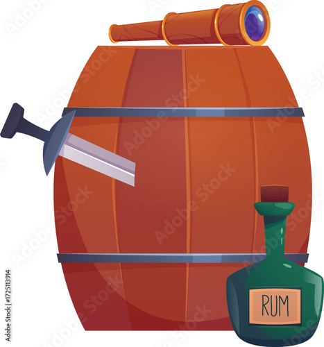 Antique rum wooden barrel and glass bottle, sabre and spyglass, vector flat pirate captain ship cabin elements