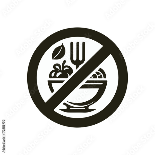 Illustration of a no-eating symbol featuring a bowl of fruits and vegetables with a fork, indicating dietary restrictions