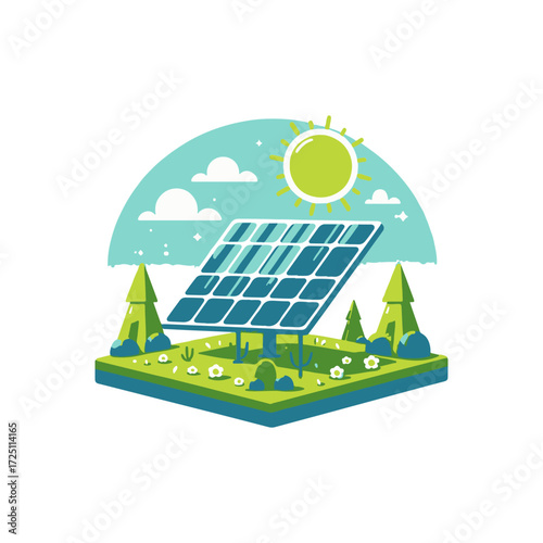 Colorful illustration of a solar panel in a vibrant landscape with trees and sun, showcasing renewable energy