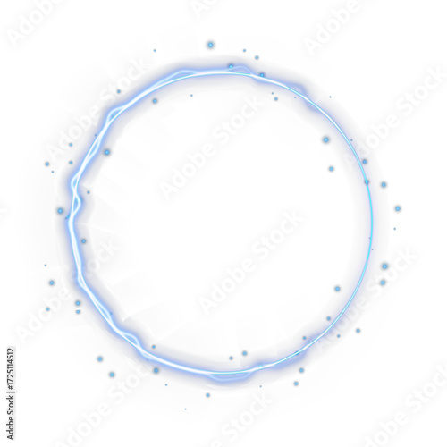 Blue energy lightning ring with glowing sparks isolated on transparent background. Futuristic plasma circle with thunder effect for sci-fi, abstract design, poster, or magical decoration element.