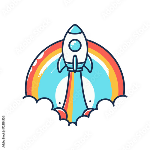 Colorful rocket launching against a vibrant rainbow backdrop with clouds, symbolizing adventure