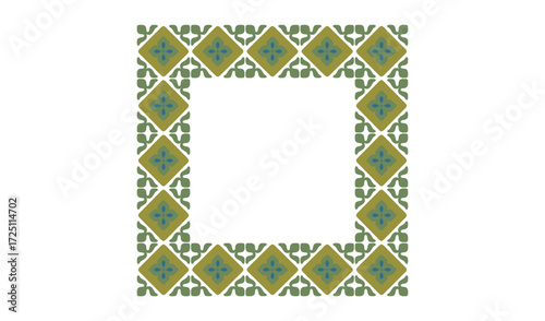 Ornate geometric green and yellow diamond patterned border