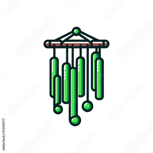 Colorful wind chimes hanging in a serene outdoor setting, creating a peaceful ambiance