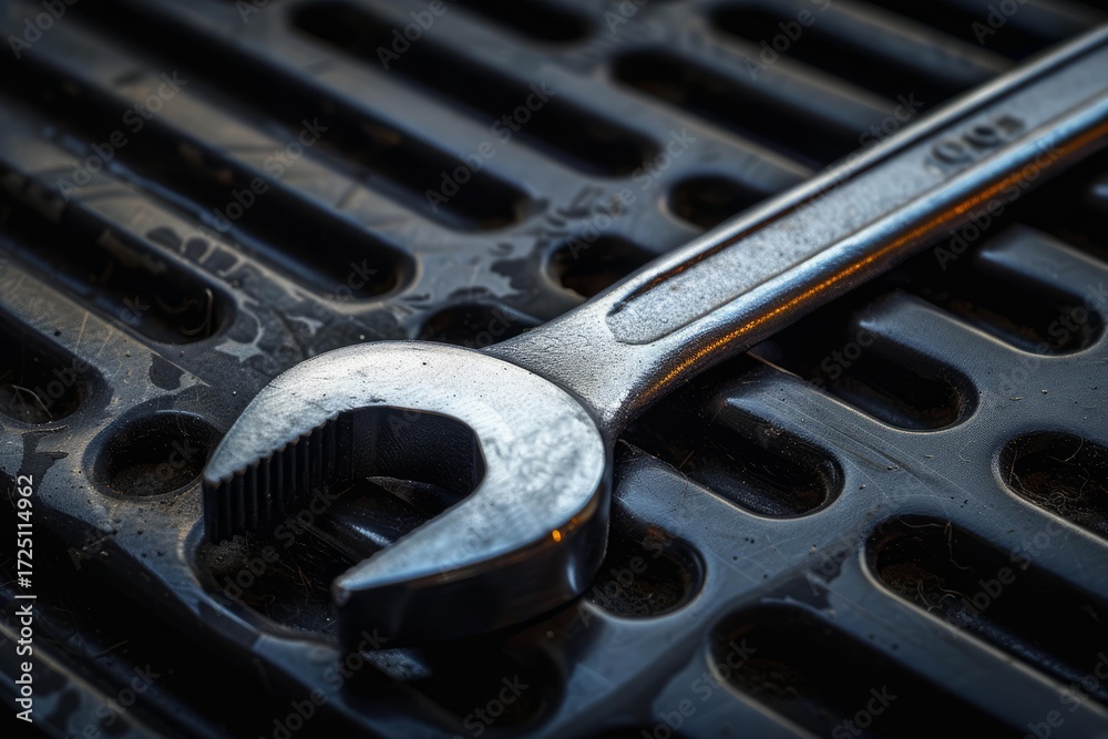 Fototapeta premium Chrome wrench lying on a dark metal surface, suggesting industrial work or maintenance
