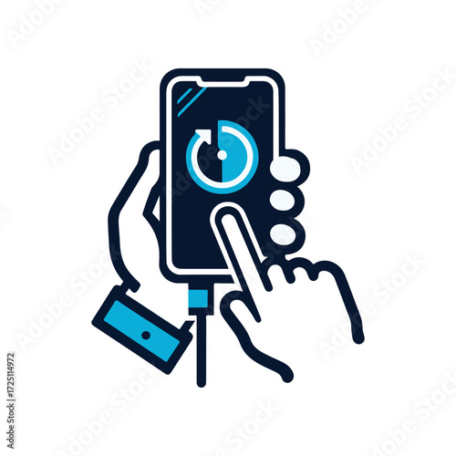 Person using smartphone to initiate a restart process while connected to a charger