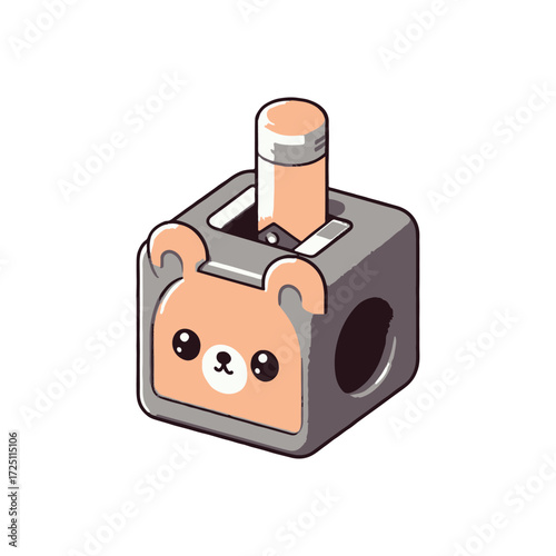 Cute bear-shaped pencil sharpener with a pencil, set against a white background, ideal for children's stationery