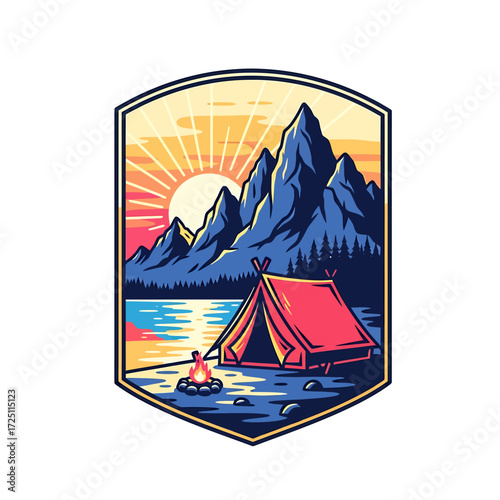 Scenic camping adventure under the sunset at the lakeside with mountains and nature