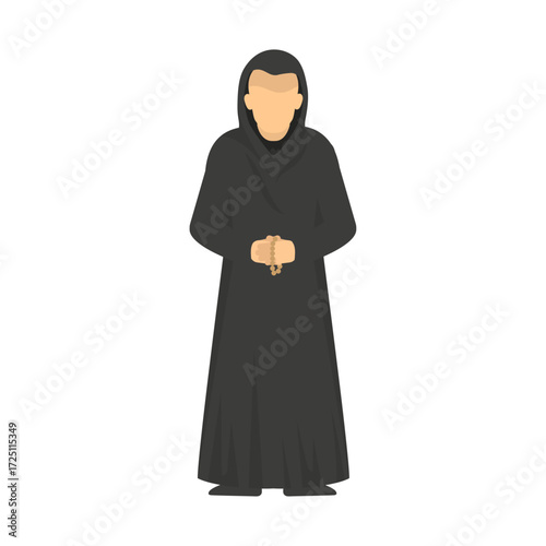 Christian monk character in a black hooded robe holding a rosary for prayer, a flat vector illustration