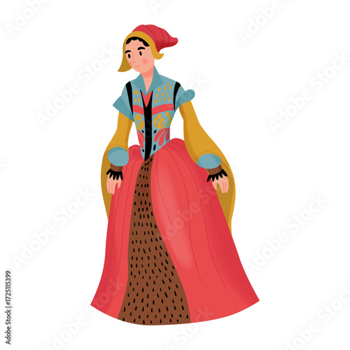 An elegant illustration of a European noblewoman dressed in a beautiful historical Renaissance gown