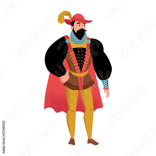 Elegant Cartoon of a Gentleman in Historical Renaissance Attire Standing Tall