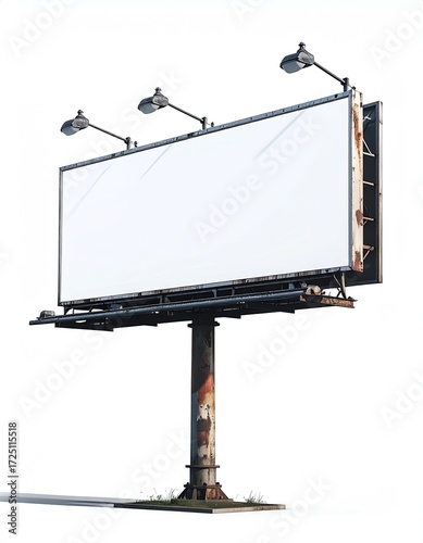 A large, blank billboard with rusty supports and three lights on each side, set against a white background