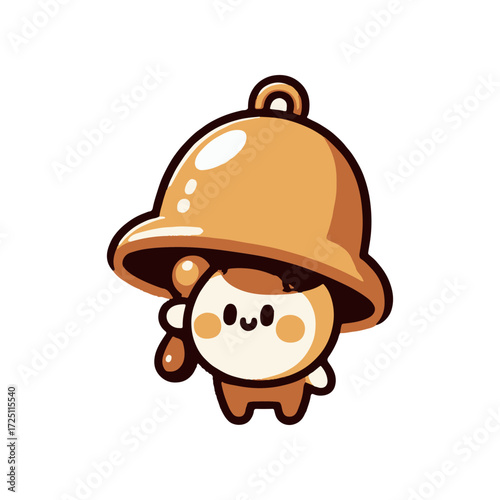 Cute cartoon character holding a large bell, smiling cheerfully against a simple white background