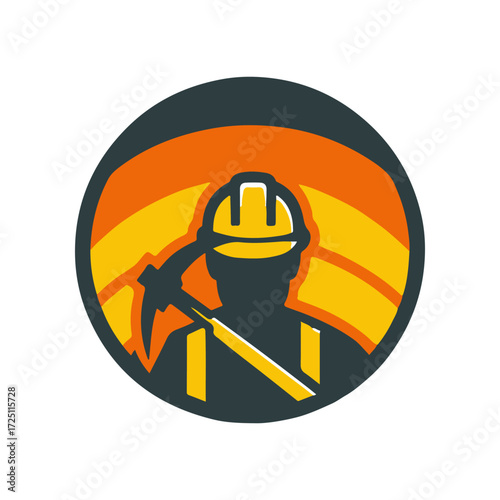 Silhouette of a miner with a pickaxe against a vibrant sunset background, symbolizing labor