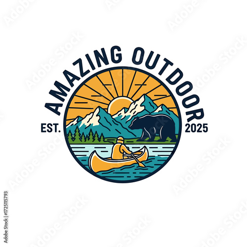 Vintage outdoor adventure badge with a man canoeing near a bear in a mountain landscape