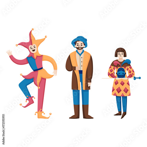 Three Renaissance Characters Jester, nobleman, and soldier in decorative attire