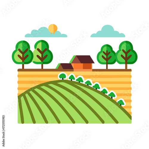farm landscape illustration with sun and clouds in bright colors
