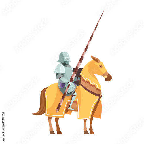 A medieval knight in full armor on horseback, holding a long lance, ready for battle